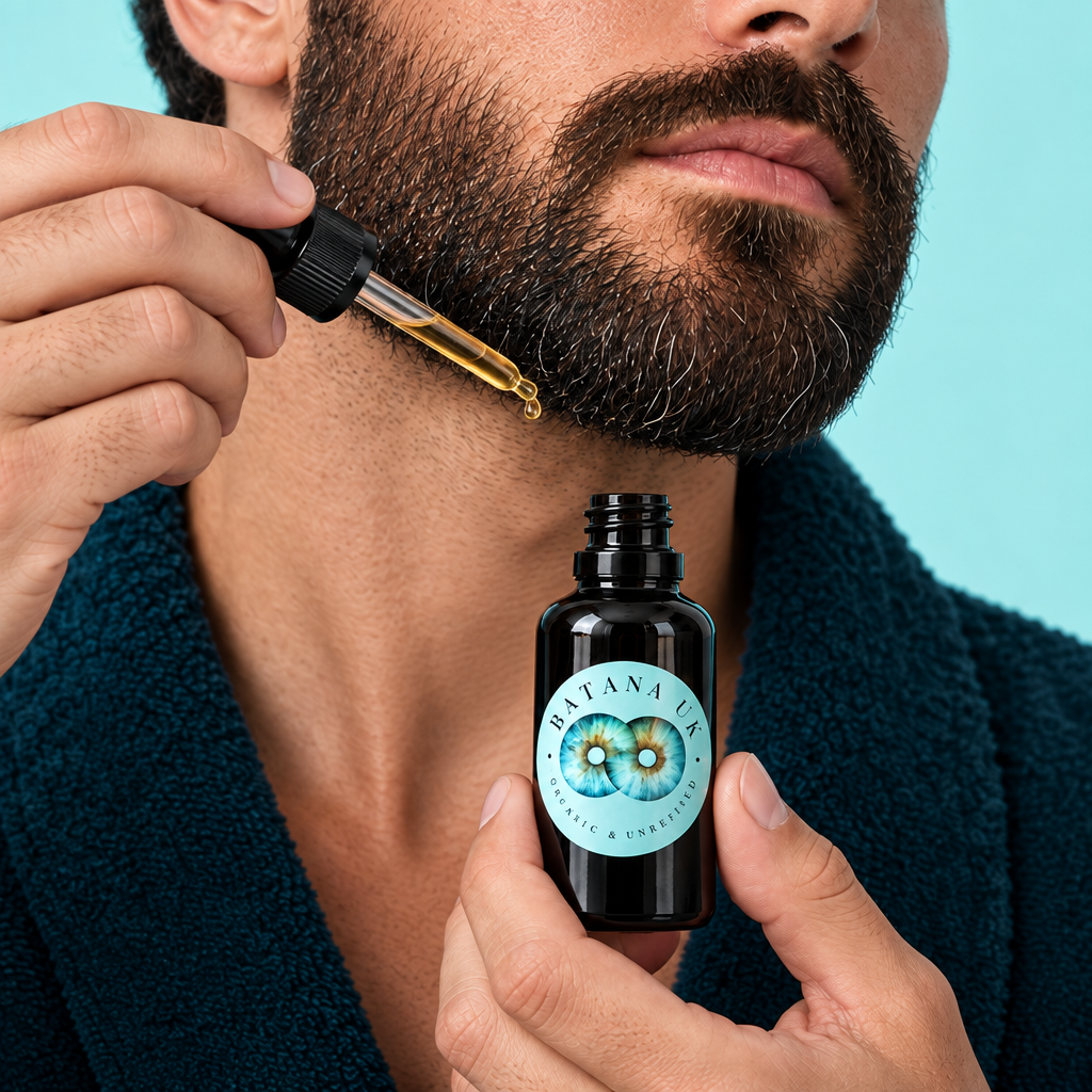 Beard oil application with a lower hand position and eyes out of frame
